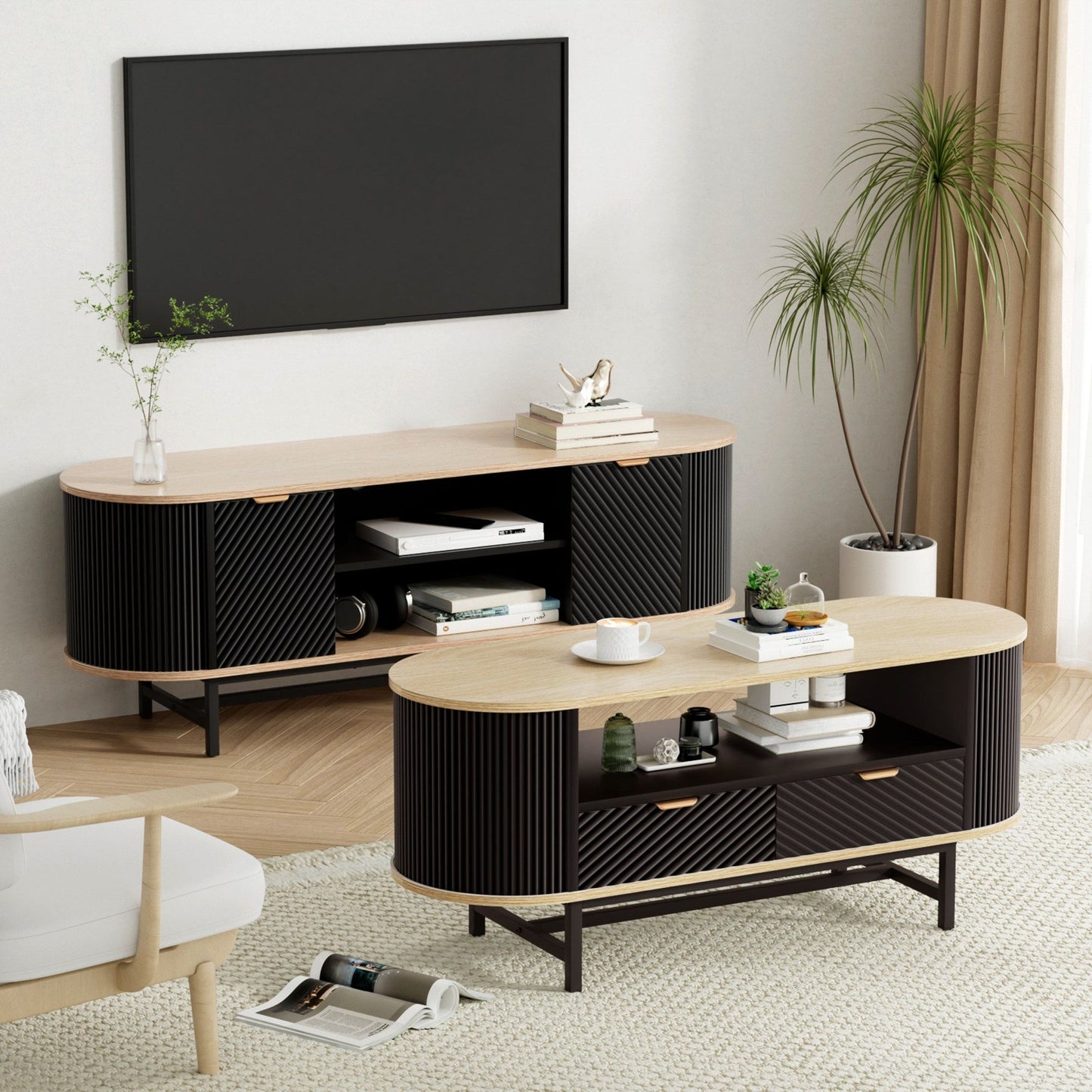 Artiss TV Unit & Coffee Table Set Storage Drawers Shelves Black Pine