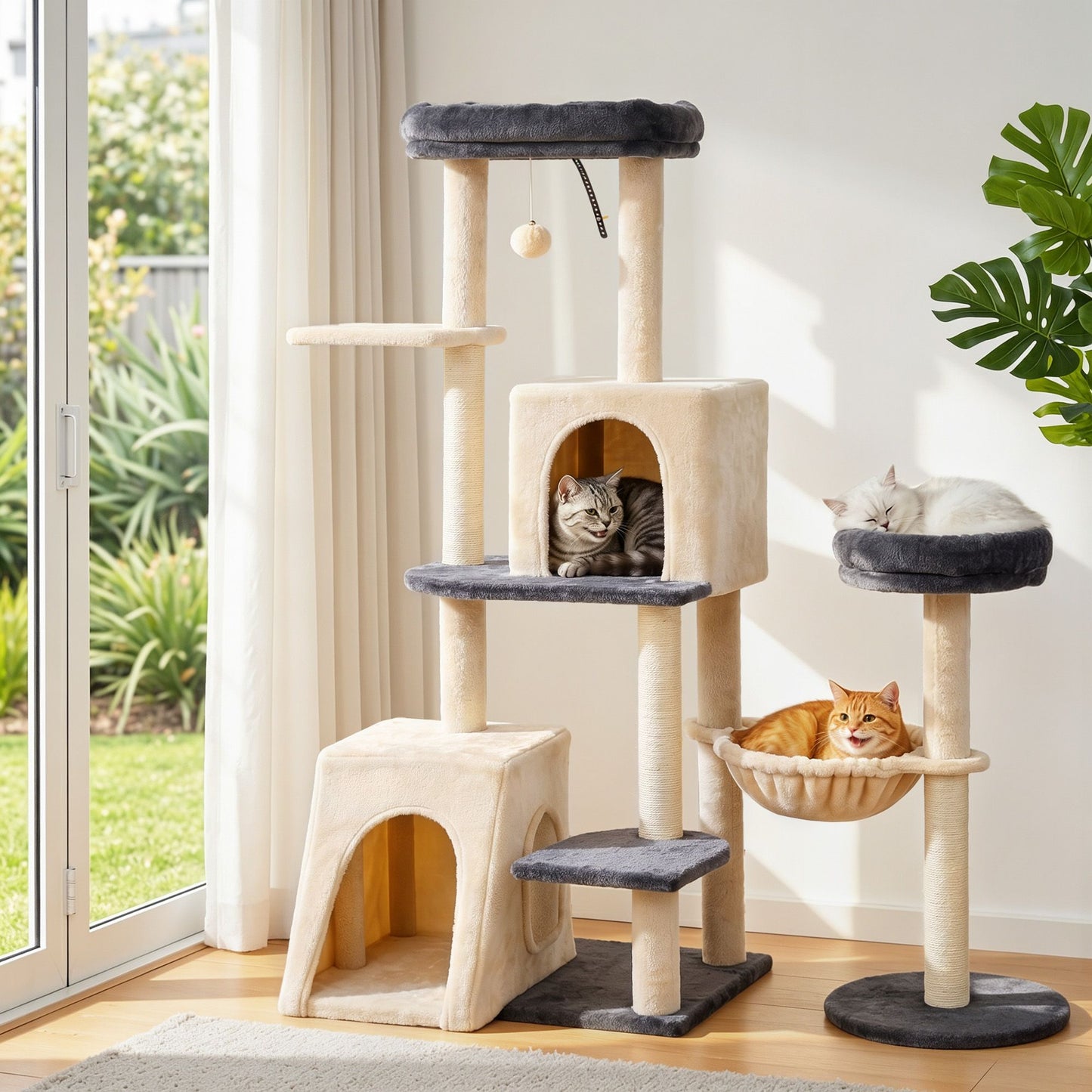 i.Pet Cat Tree Tower 133cm Rotatable L-Shape Design Scratching Post Furniture Scratcher House Grey & Beige
