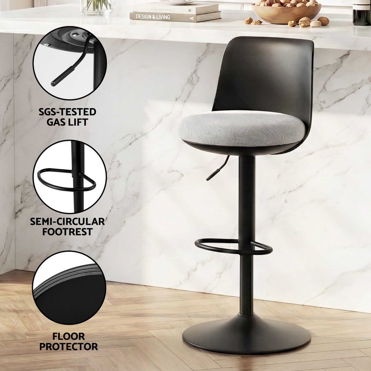 Artiss 2x Bar Stools Kitchen Swivel Gas Lift Counter Dining Chair Curved Black