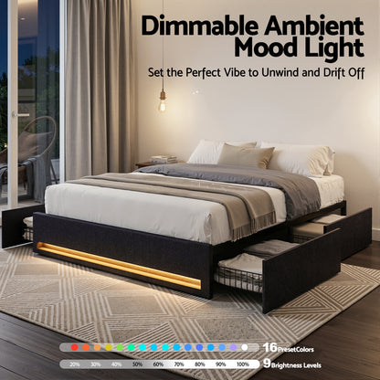 Artiss Double Bed Frame with Storage Drawers RGB Lights Charging Station Upholstered Fabric