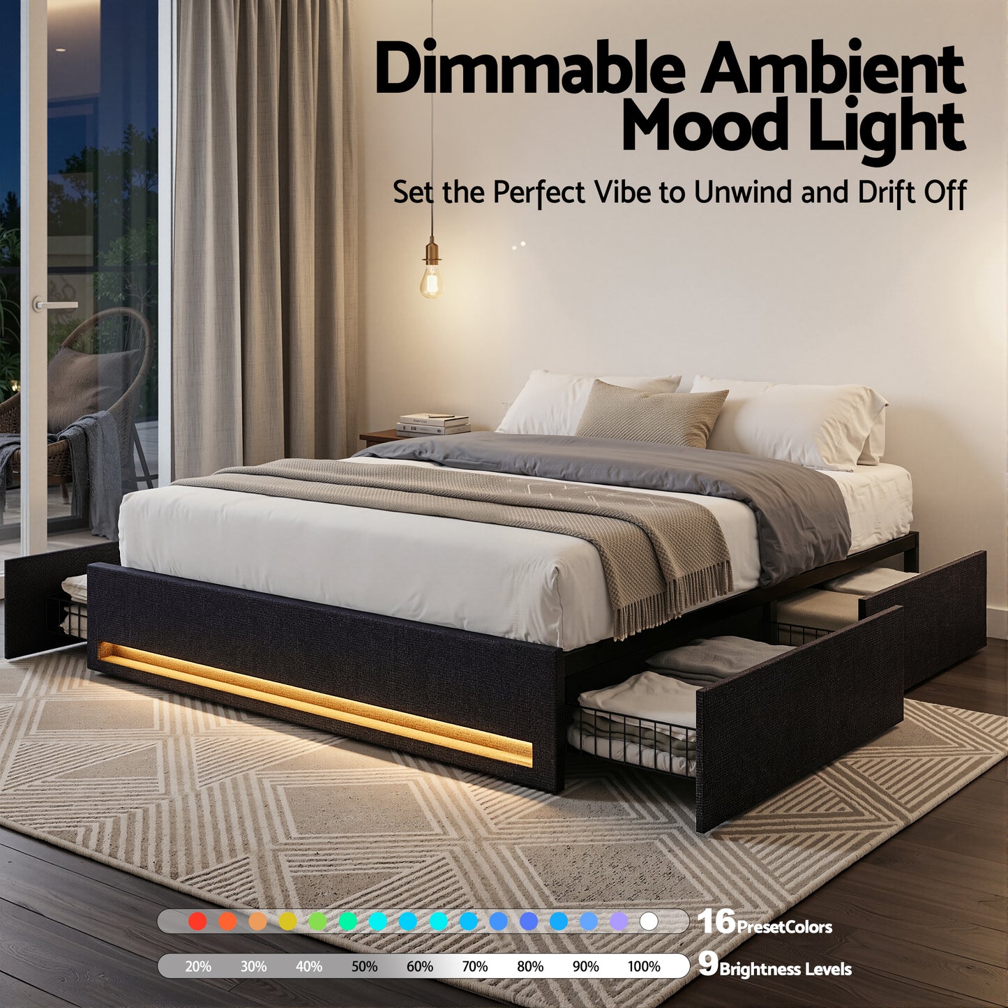 Artiss Queen Bed Frame with Storage Drawers RGB Lights Charging Station Upholstered Fabric