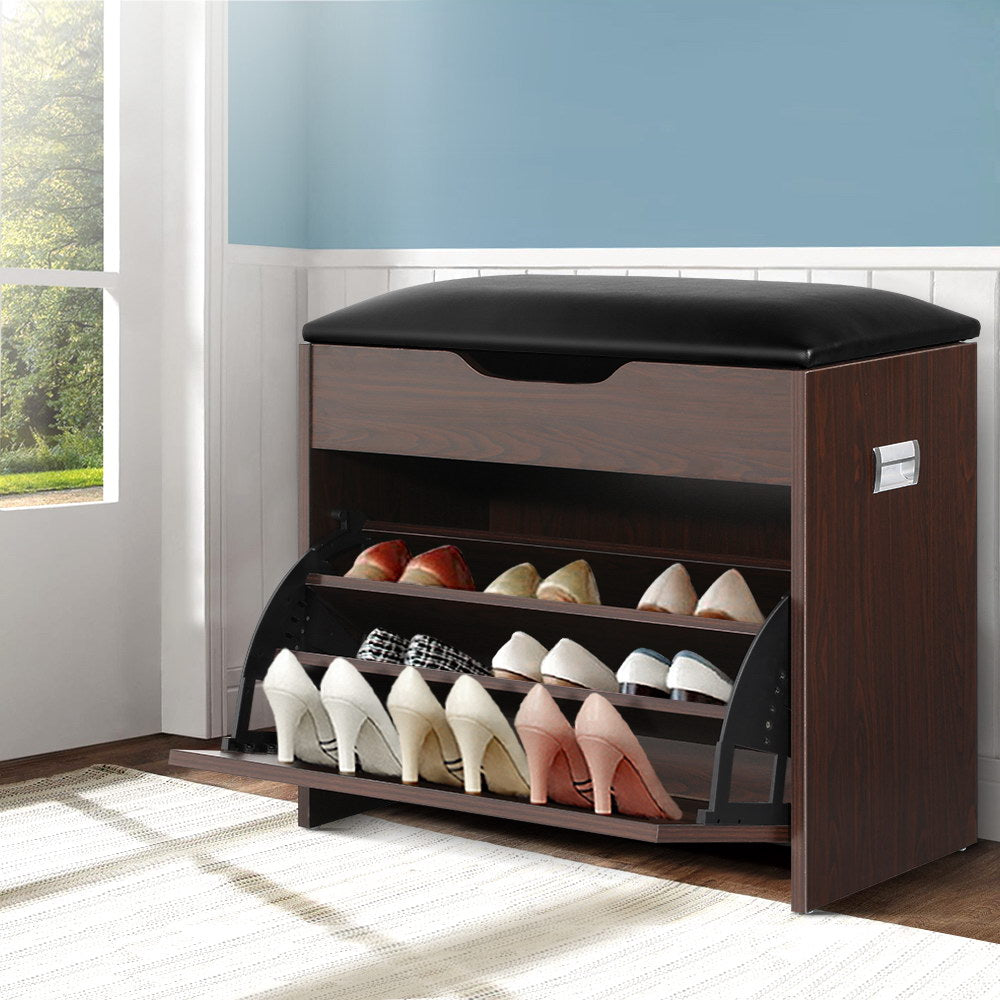 Artiss Shoe Rack Cabinet Bench 3-tier 15 Pairs Walnut