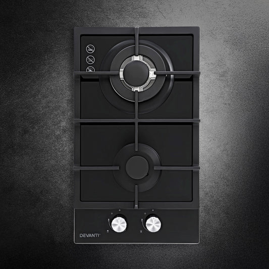 Devanti Gas Cooktop 30cm 2 Burner Built-in Stove Glass Cook Top NG LPG Wok Burner