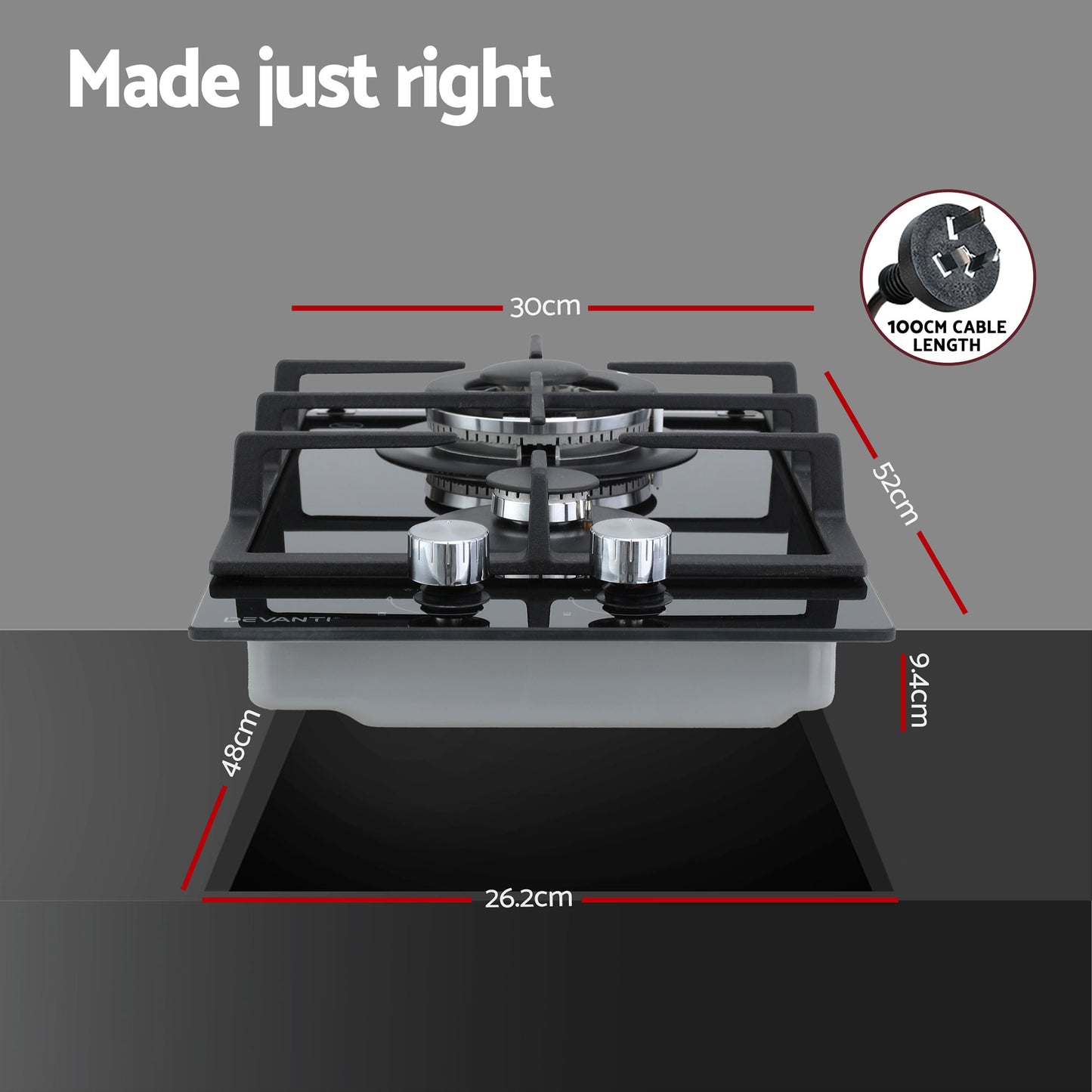 Devanti Gas Cooktop 30cm 2 Burner Built-in Stove Glass Cook Top NG LPG Wok Burner