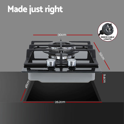 Devanti Gas Cooktop 30cm 2 Burner Built-in Stove Glass Cook Top NG LPG Wok Burner