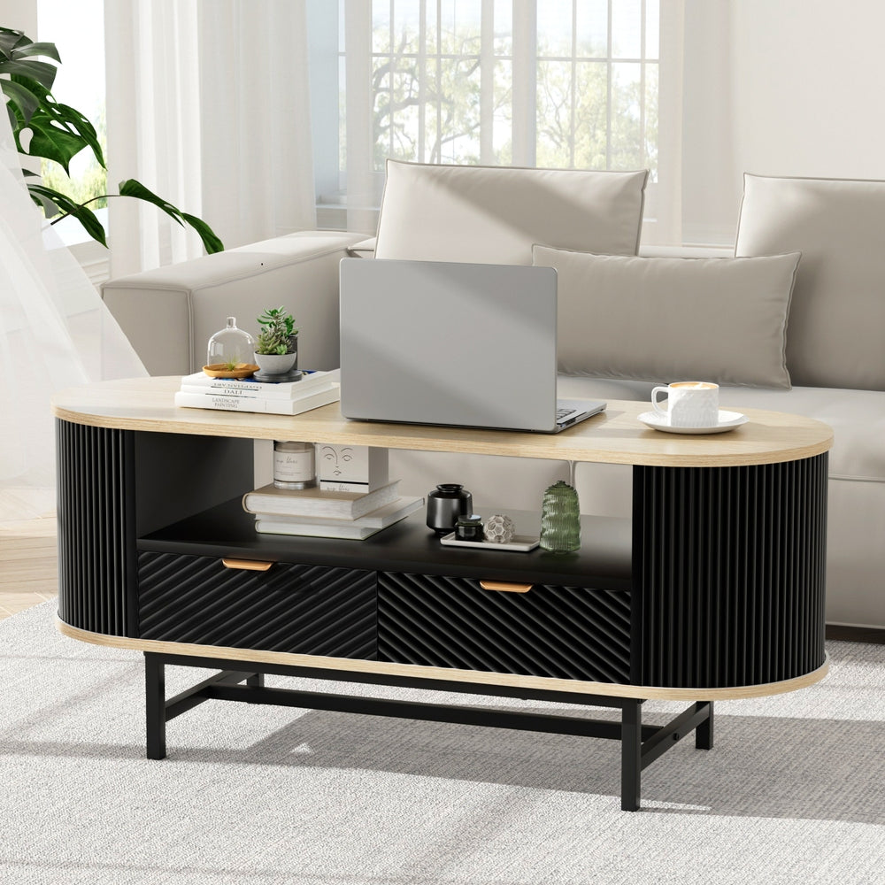 Artiss Coffee Table Drawer Shelf Wood&Black