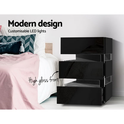 Artiss 2x Bedside Table LED 3 Drawers - LUMI Black