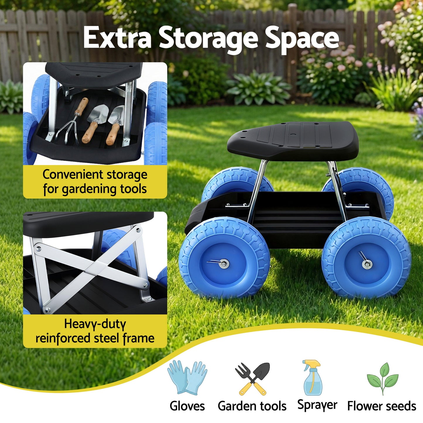 Gardeon Garden Cart Seat with Wheels, Rolling Work Stool with Tool Storage Tray, 440lbs (200kg) Heavy Duty Capacity Garden Stool for Outdoor Yard Work, Car Detailing, and Garage Maintenance, Blue/Black