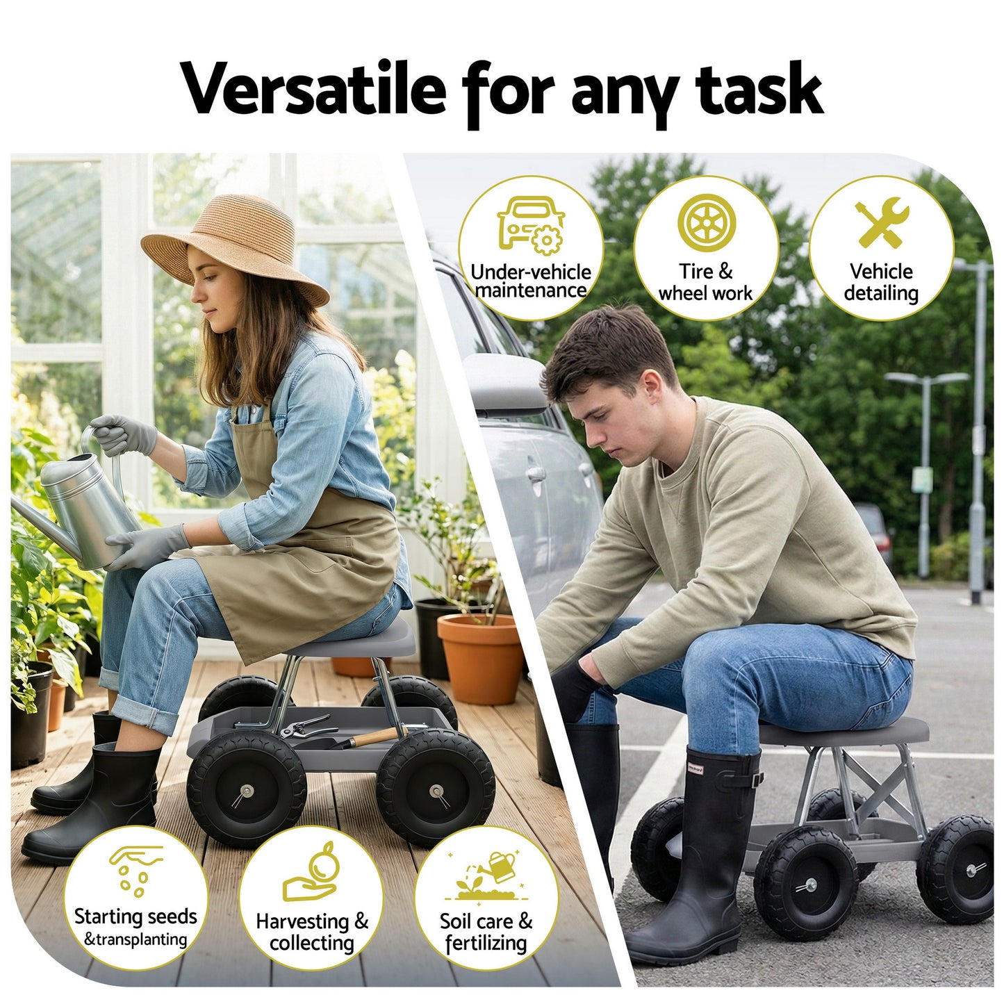 Gardeon Garden Cart Seat with Wheels, Rolling Work Stool with Tool Storage Tray, 440lbs (200kg) Heavy Duty Capacity Garden Stool for Outdoor Yard Work, Car Detailing, and Garage Maintenance, Grey/Black