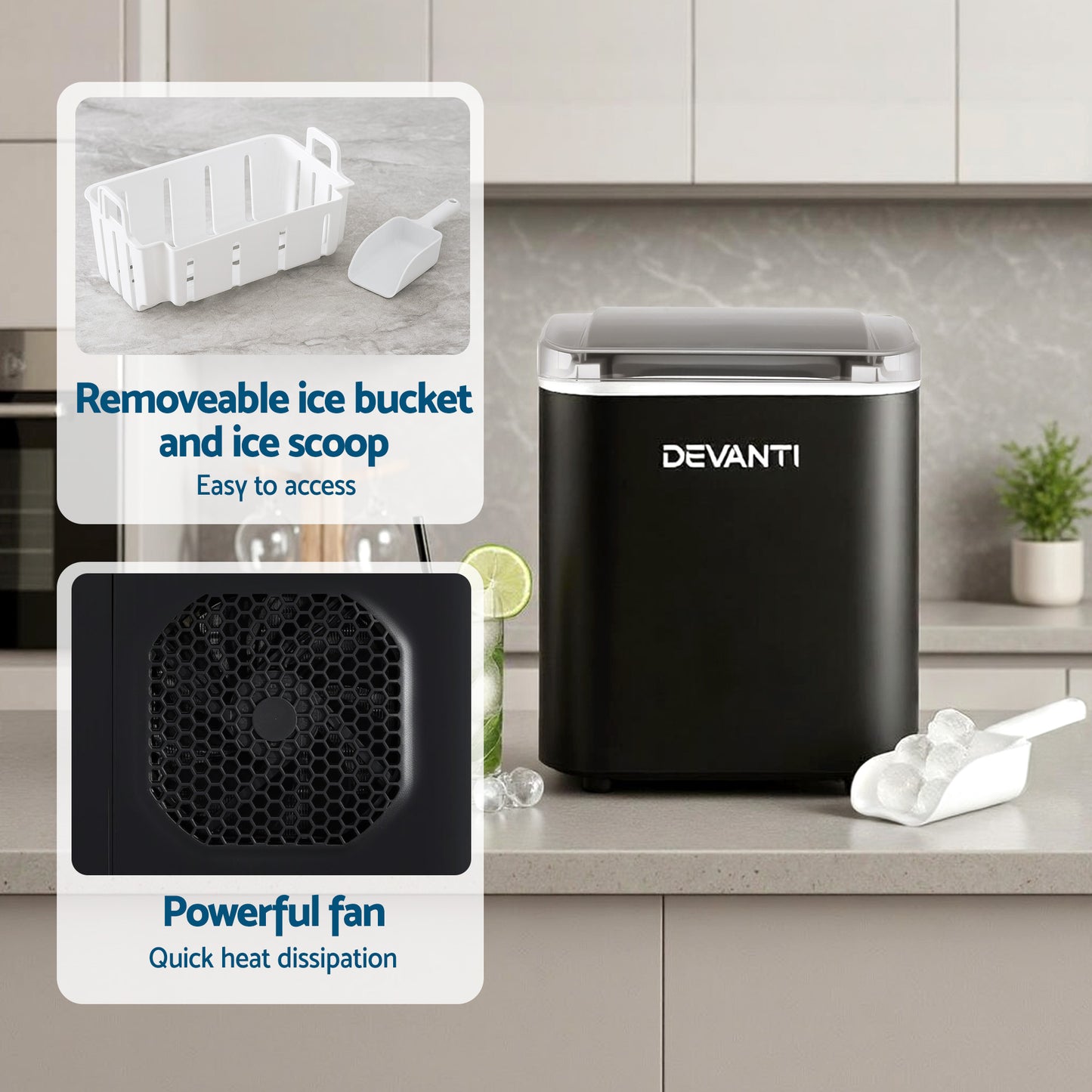 Devanti Ice Maker Machine Portable 12kg Countertop w/Self Cleaning 1.2L Black