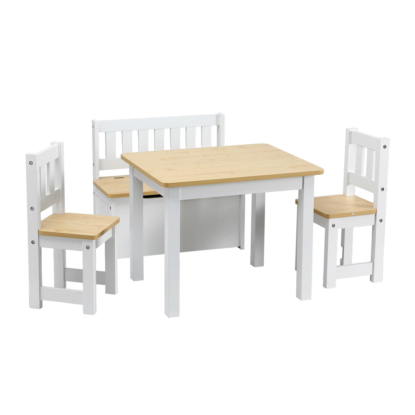 Keezi 2 in 1 Kids Table and Chair Set, Activity Table with Storage Bench and 2 Chairs for Reading, Drawing, Writing, Snack Time & Arts Crafts, 4 PCS Toddler Table and Chair Set, Natural
