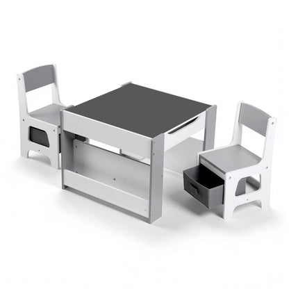 Keezi Kids Table and Chair Set, 4 in 1 Wooden Activity Table with Bookcase, Storage Box and Detachable Blackboard, Toddler Table and 2 Chairs Set, Grey
