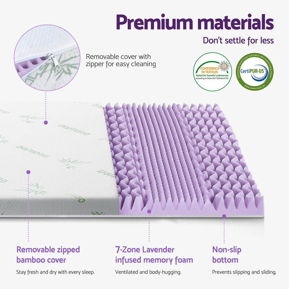 Giselle 8cm Memory Foam Mattress Topper Lavender Infused Bamboo Cover 7-Zone Single