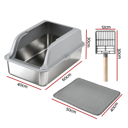 i.Pet Cat Litter Box Stainless Steel Large Semi-Enclosed Pet Kitty Toilet Grey