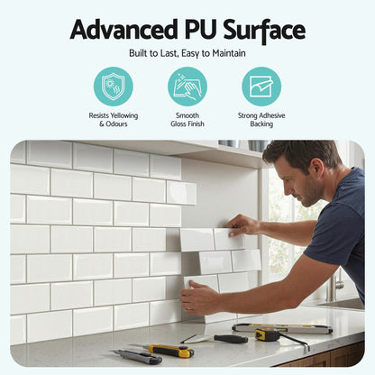 Artiss 3D Peel and Stick Wall Tiles Self Adhesive Subway Backsplash 10 Sheets, White