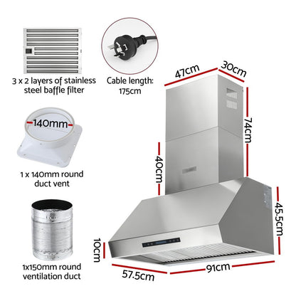 Devanti 900mm Range Hood 3-Speed Fan LED Display Remote Control