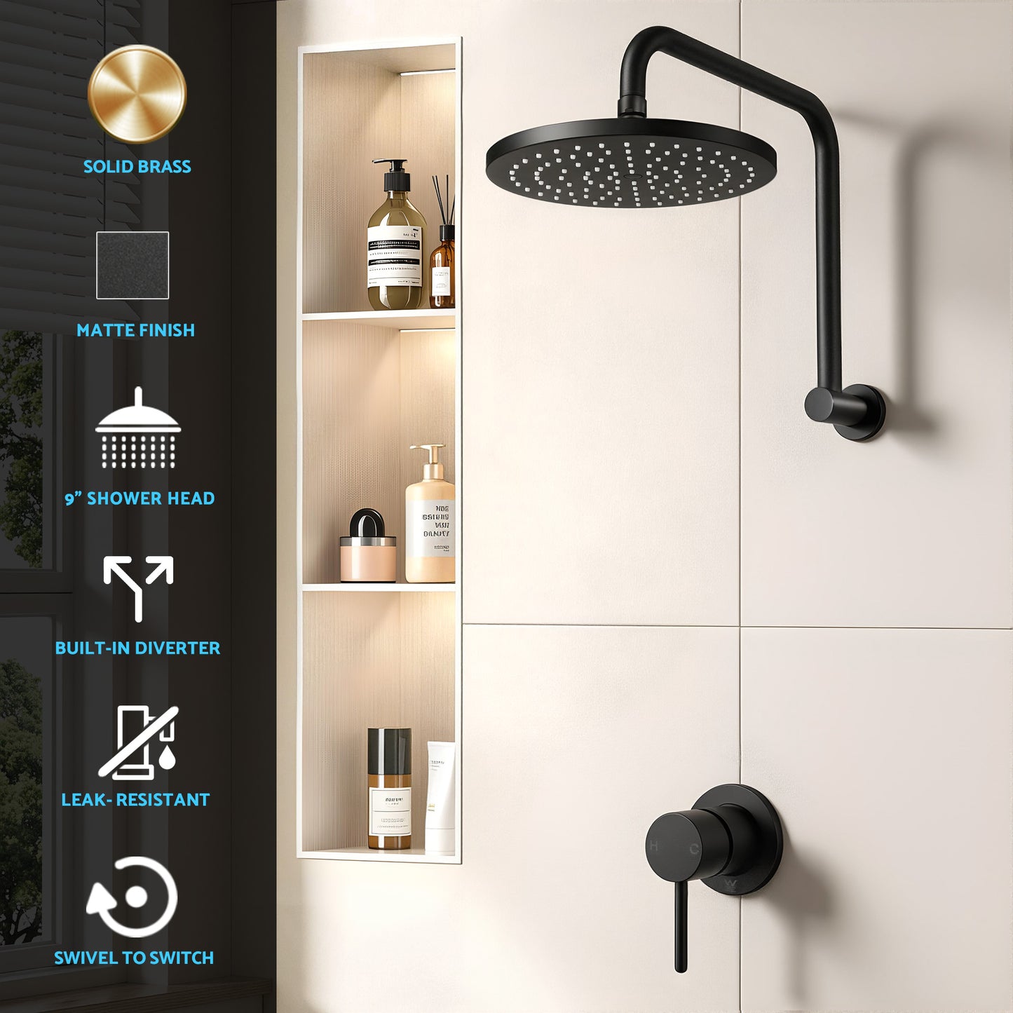 Cefito 9'' Rain Overhead Swivel Shower Head with Wall Bathroom Mixer