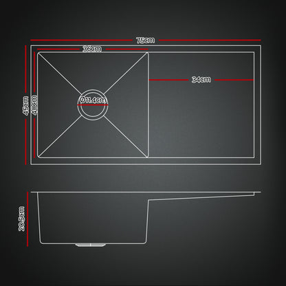 Cefito Stainless Steel Sink 75x45CM With Pull Out Mixer Tap Kitchen Basin Single Bowl Black