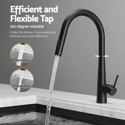 Cefito Stainless Steel Sink 75x45CM With Pull Out Mixer Tap Kitchen Basin Single Bowl Black