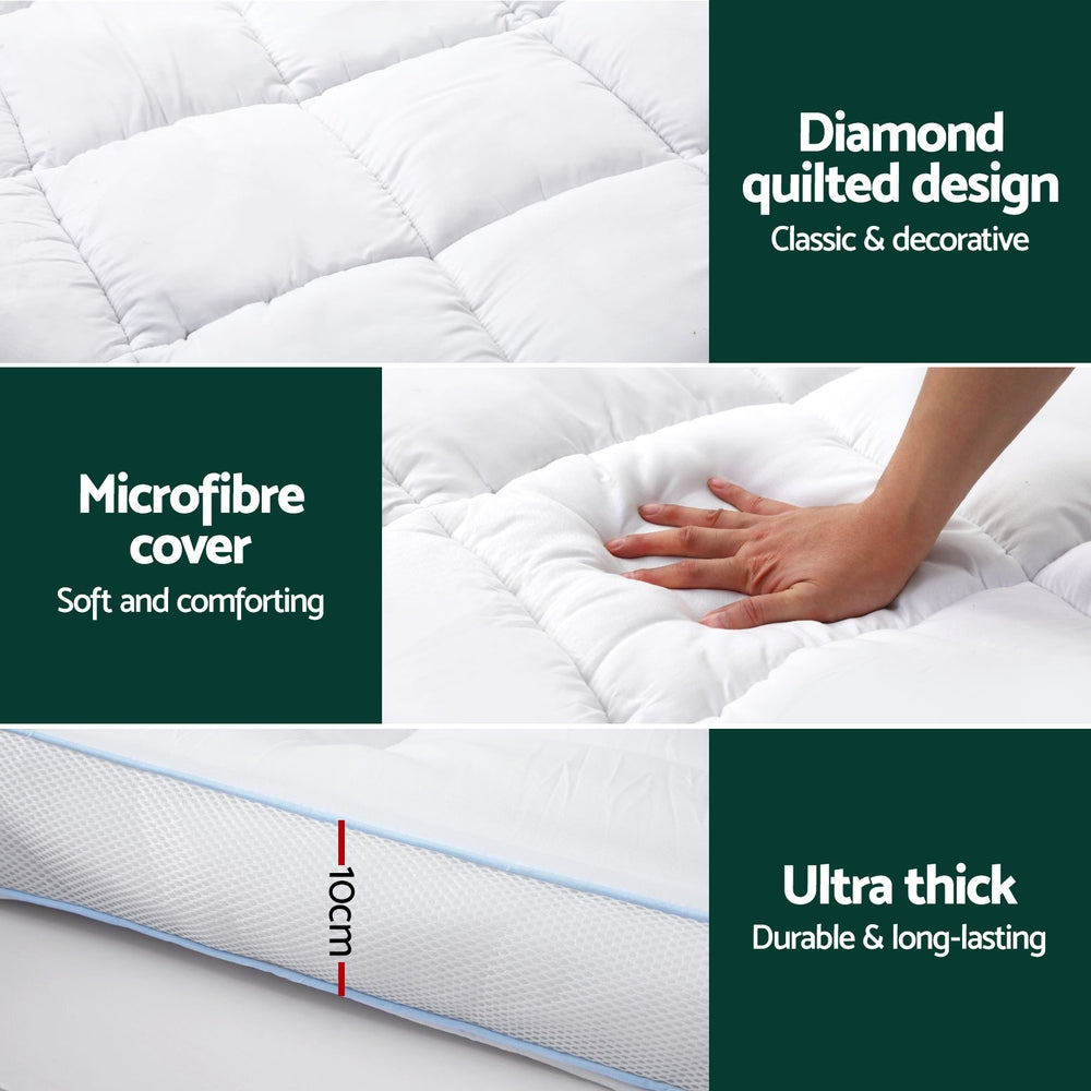 Giselle Bedding 1500GSM Bamboo Pillowtop Mattress Topper 10cm Thick Pad for Back Pain Relief, High Loft Cooling Underlay for Dorm & Guest Bed, 45cm Deep Pocket Queen