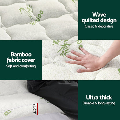 Giselle Bedding Pillowtop Mattress Topper 7.5cm Thick Bamboo Pad for Back Pain Relief Washable Skin-friendly Bed Protector with 45cm Deep Pocket Double