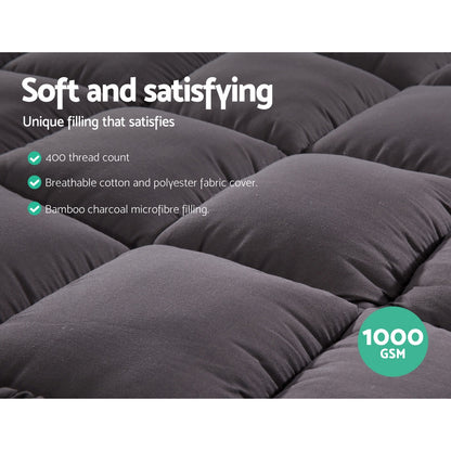 Giselle Bedding Bamboo Charcoal Filling Pillowtop Topper 1000GSM 5cm Thick Pillowtop Pad for Back Pain Relief Washable with 45cm Deep Pocket King Single