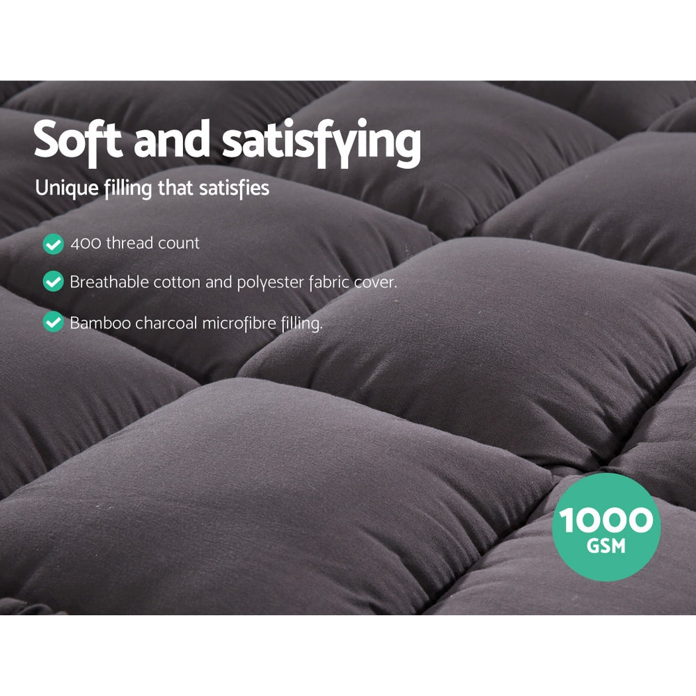 Giselle Bedding Bamboo Charcoal Filling Pillowtop Topper 1000GSM 5cm Thick Pillowtop Pad for Back Pain Relief Washable with 45cm Deep Pocket Queen