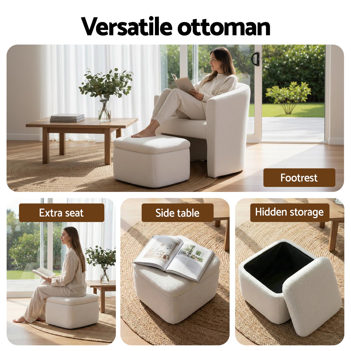 Artiss Armchair Accent Chair w/Ottoman Lounge Footrest Storage Boucle White