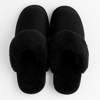 Sheepskin Wool Womens Slippers Scuffs Slip On Winter Ugg Slippers in Black - 8