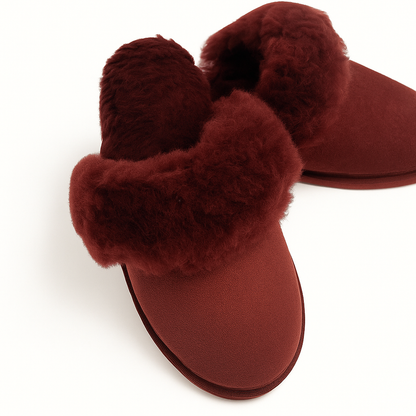 Sheepskin Wool Womens Slippers Scuffs Slip On Winter Ugg Slippers in Burgundy/Red - 7