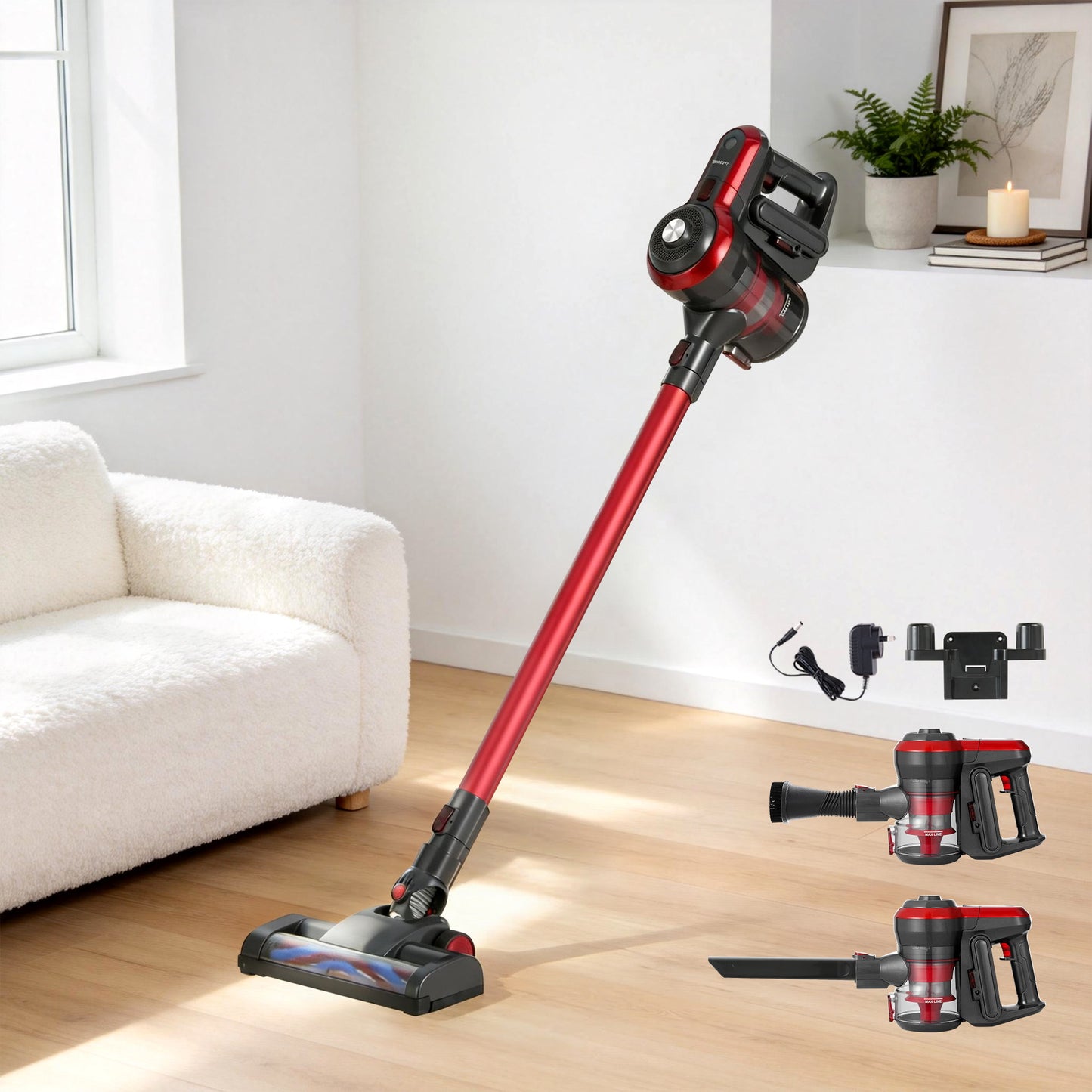 Devanti Stick Vacuum Cleaner Brushless Cordless 250W Red